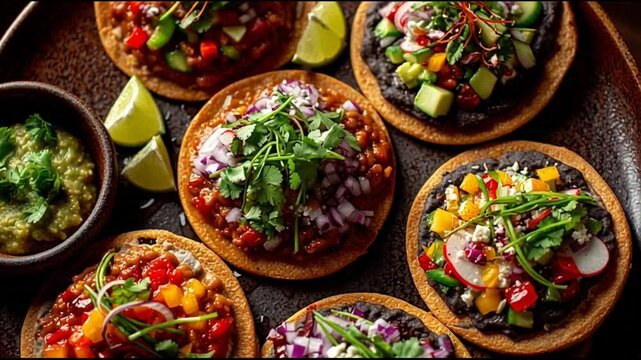 Tostadas With Refried Beans And Vegetables Colorful
