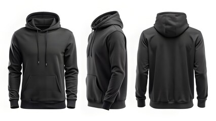 black hoodie front back and side view on white background for apparel mockup and fashion design