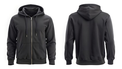 black zip up hoodie front back and side view on white background perfect for clothing template