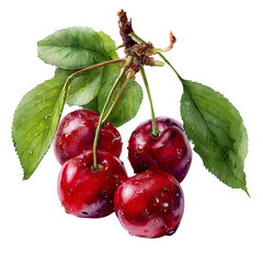 Watercolor cherries with leaves isolated on transparent background