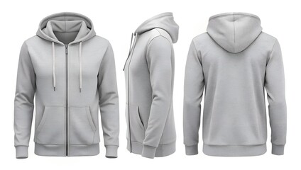 heather grey zip up hoodie front back and side view on white background for casual fashion mockup