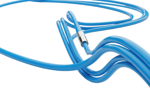 Ultra-sleek, luminous electric blue fiber optic cable with elegant curves, highly polished, transparent background, soft high-key lighting, generous copy space, concept of futuristic connectivity