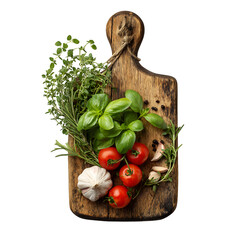 Rustic herbs and tomatoes on cutting board isolated on transparent background
