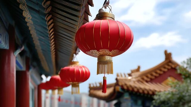 Traditional China aesthetic &mdash; red lanterns and ornate roof details near waving flag, celebratory mood, with copy space.