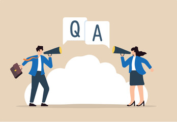 Flat illustration businessman and businesswoman shout on megaphone Q A question session speech bubble symbolizing problem solving