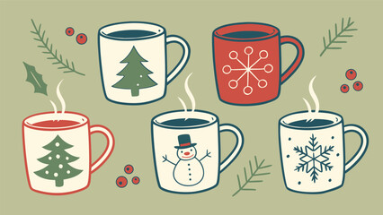 The mugs have designs including a Christmas tree, a snowflake, a snowman, and various star and floral patterns, using a limited color palette of red, white.
