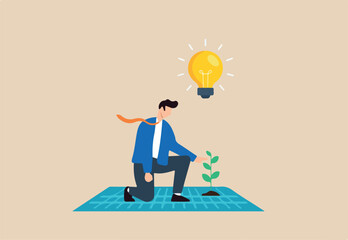Flat illustration of businessman planting seedling in digital soil under lightbulb symbolizing growth of innovation and technology