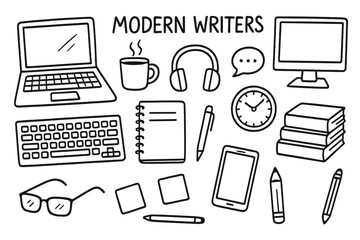 Modern Writers Doodle. Modern writers. Hand-drawn doodle illustration modern writers laptop, keyboard, coffee mug, headphones, notebook, pen, smartphone,