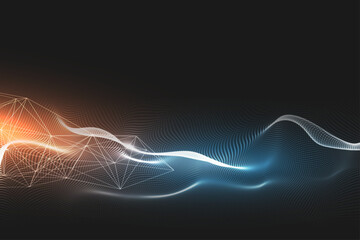 Abstract technology background with light effect. Abstract digital particle wave and network connection background. Abstract futuristic wave background with dots.