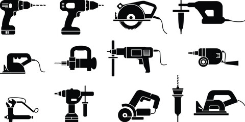 Silhouette icons of power tools, construction equipment, electric drill, circular saw, angle grinder, belt sander, jigsaw, spray gun, hardware tools
