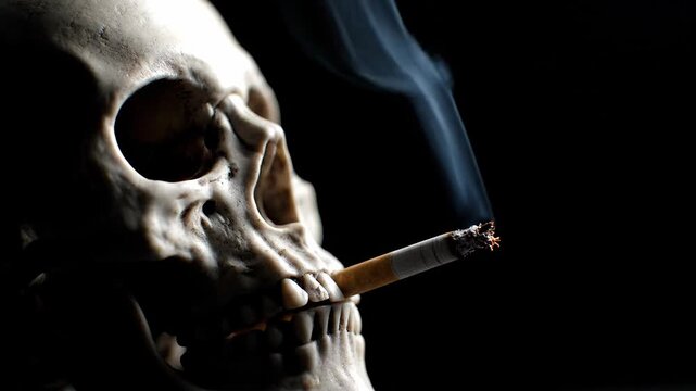 Intense close up of a human skull holding a flickering cigarette in its teeth, with wisps of smoke curling upward in front of a deep, shadowy backdrop