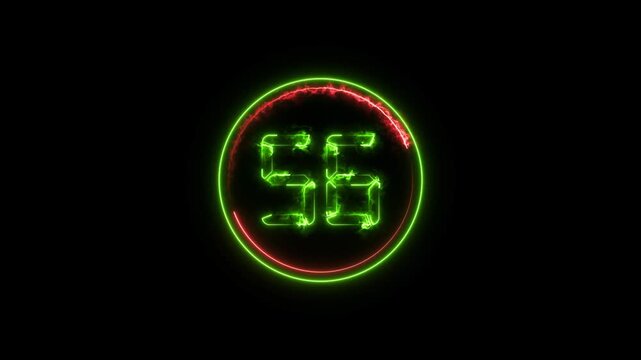 Number 56 neon bright lime green color animation 4k video. Abstract neon bright circle frame on black background.