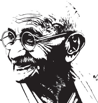 Mahatma Gandhi vector portrait illustration. Black and white graphic.