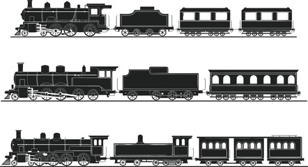 Vintage steam locomotive illustration, historical train design, retro railway transport, antique passenger cars, side profile view, engineering, transportation, collectible art