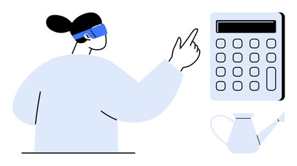 Woman pointing at a large calculator while wearing a headband. Nearby watering can emphasizes balance and growth. Ideal for calculation, productivity, budgeting, finance, growth, technology