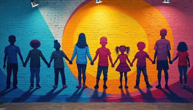 Diverse group of children hold hands in unity against a vibrant mural. They stand together as a symbol of community support and togetherness. The artwork represents hope and resilience.