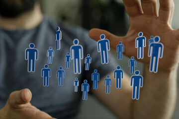 Concept of connection, interaction, networking, and human relationship. Hand touching people...