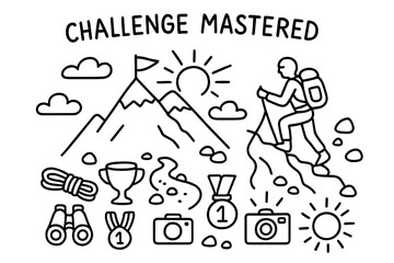 Obraz premium Climbing Challenge Icons. Challenge Mastered. Hand-drawn doodle illustration Challenge Mastered mountain, person climbing, rope, backpack, flag, medal, trophy,