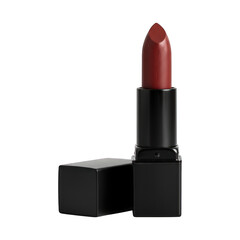 Opened black cased lipstick tube with a rich reddish-brown shade, cap detached