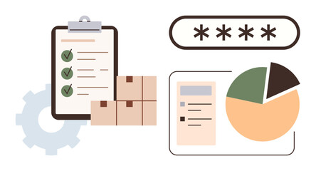 Task clipboard, graph, locked password box, gear, and packages highlight productivity, analysis, security, supply chain inventory teamwork decision-making. Ideal for simple flat metaphor