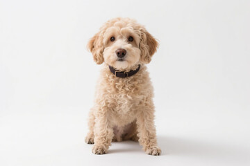 Light brown curly coated dog sitting upright and looking forward with gentle expression, wearing a dark collar against plain white background, concept of pet care, loyalty and canine companionship.