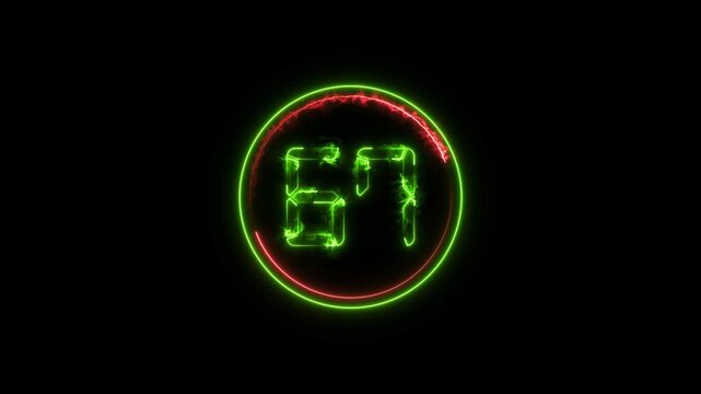 Number 67 neon bright lime green color animation 4k video. Abstract neon bright circle frame on black background.