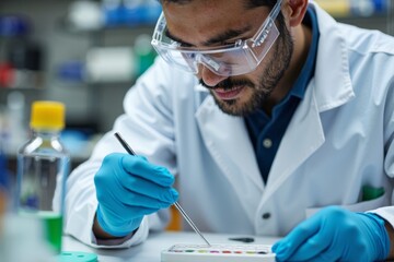 A biological scientist using a micropipette and microplate in close-up view in a research laboratory setting