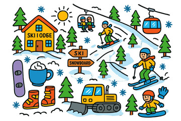 Naklejka premium Vibrant Ski Resort Scene. Ski resort. Colorful Hand-drawn doodle Children illustration Ski resort ski lodge, slopes, skiers, chairlift, cable car, snowflakes,