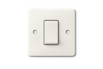 White light switch toggle on square wall plate, controlling power and electricity, transparent background