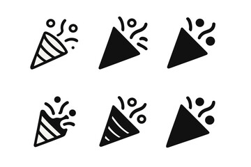 Confetti Icon Grid. Name Day. Set Logo of Confetti Icon: Minimal outline, Negative space, Flat solid, Symmetrical form, Stylized detail, Iconic shape. Vector