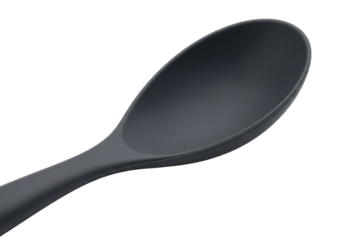 Deep charcoal grey silicone serving spoon with ergonomic handle and oval scoop, isolated against transparent background with copy space, clean studio lighting, modern culinary tools concept