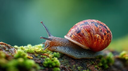 A detailed close-up of a snail with a spiral shell crawling on a mossy branch