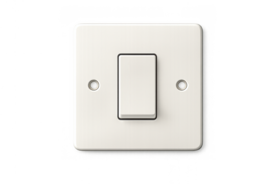 White light switch toggle on square wall plate, controlling power and electricity, transparent background