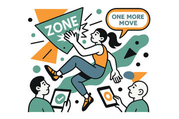 Fototapeta premium Dynamic Zone Capture. Competition Finals ? Zone Hold. Chalk explodes as fingers latch ?ZONE?; judges? tablets blink in minimal icons. ?One more move? echoes in