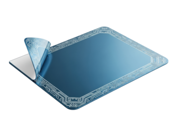 Polished deep azure metallic sheet, laser-cut edges, glowing silver circuitry, folded white corner on transparent background, concept of advanced technology