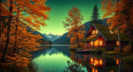 Fototapeta premium Serene mountain lake reflection of a cozy cabin nestled amidst vibrant autumn foliage, under a twilight sky, evoking tranquility and the beauty of nature's seasonal change