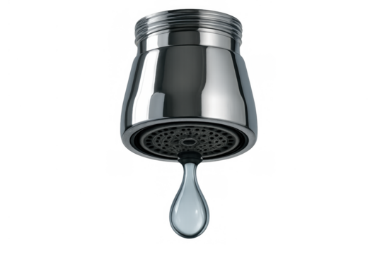 Faucet aerator dripping water drop, showing water conservation and plumbing concept on transparent background