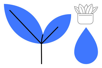 Blue leaves with a central stem, water droplet, and an outlined potted plant. Ideal for growth, nature, sustainability, eco-friendly design, organic concept gardening clean design. A simple flat