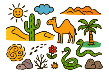 Vibrant Desert Doodles. Desert landscape. Colorful Hand-drawn doodle Children illustration Desert landscape sand dunes, tall saguaro, sun, tumbleweed, rocks,