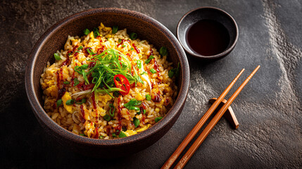 Egg fried rice with soy glaze, chopsticks on side, modern Asian restaurant lighting