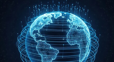 Digital earth hologram rotating with futuristic connection glowing light, concept of global network, internet communication and technology worldwide