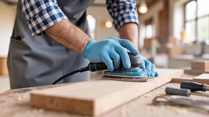 carpenter sanding wooden plank with electric sander in workshop - Powered by Adobe