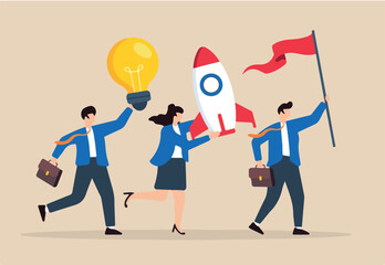 Flat illustration of business people hold winner flag rocket ship and lightbulb idea symbolizing entrepreneurship