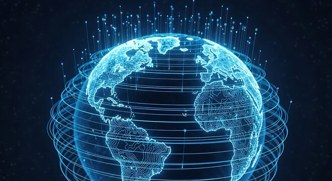 Digital earth hologram rotating with futuristic connection glowing light, concept of global network, internet communication and technology worldwide