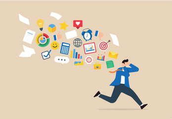 Frustrated businessman running away from flying social and work information, illustration information overload. Concept of overwhelmed by excessive distractions or overwork