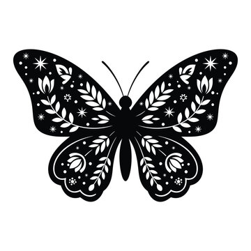 Intricate black and white butterfly silhouette adorned with floral and celestial motifs