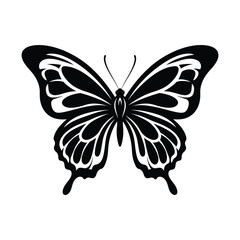 Elegant black and white silhouette of a detailed butterfly with intricate wing patterns