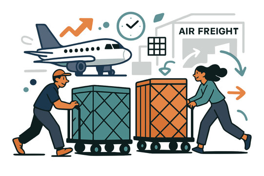 Efficient Cargo Movement. Air freight terminals. Workers moving cargo containers on trolleys; floating abstract arrows and icons convey efficiency