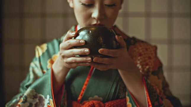 Traditional Japanese cultural tea ceremony in green silk kimono with floral pattern and red obi, handcrafted tea bowl, calm focus and serene mood