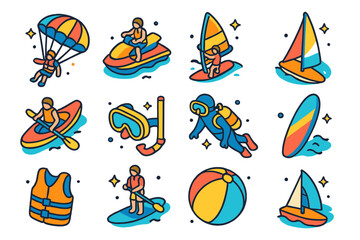 Adventure Sports Icons. Adventure sports. Colorful isometric vector icons set of adventure sports: parasailing, jet ski, canoe, windsurfing, snorkeling,